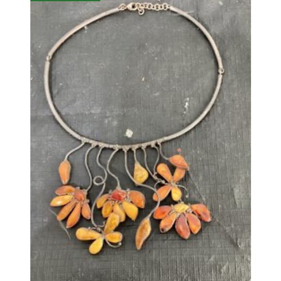 Orange And Yellow Amber (?)Petal Necklace Artisan Made Silver 1 of a kind